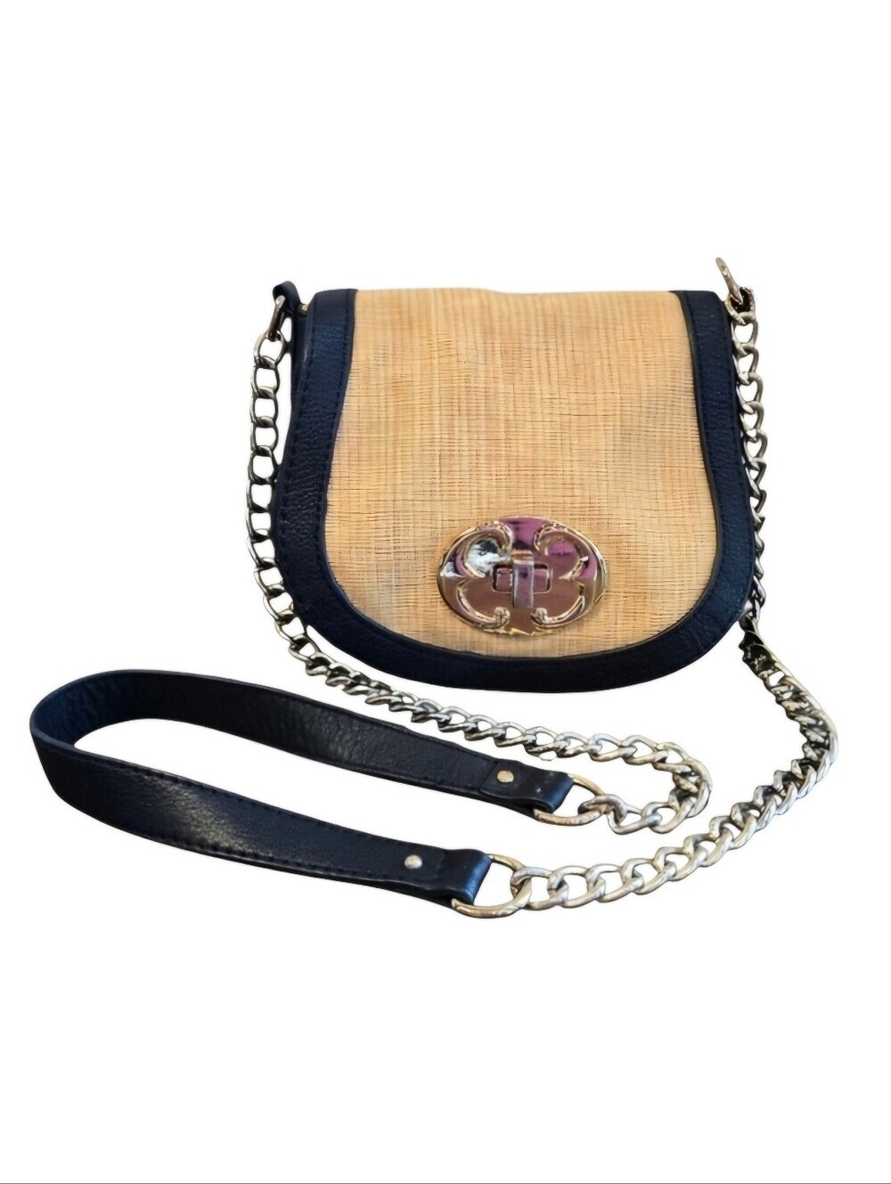 Emma Fox Port Flap Saddle Style Black Leather Tan Straw Crossbody Handbag